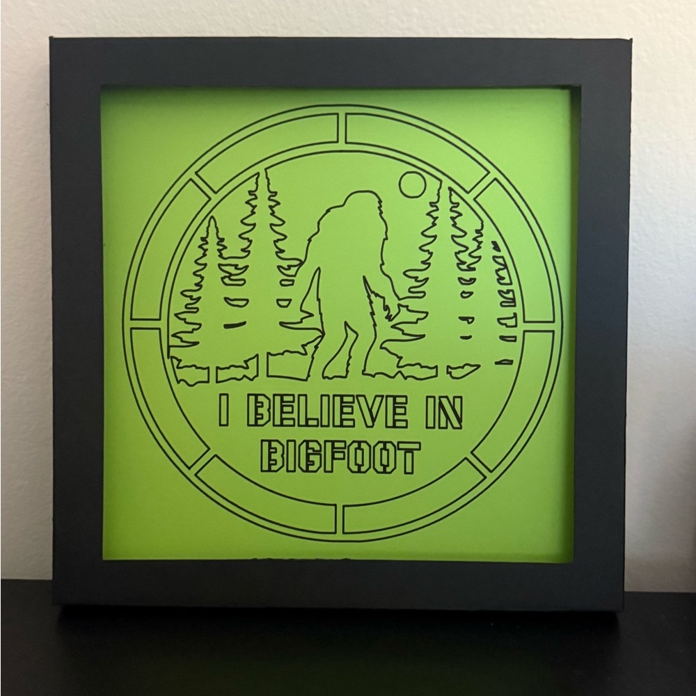 8x8” shadowbox framed Green 'I Believe in Bigfoot' Art funny Sasquatch original